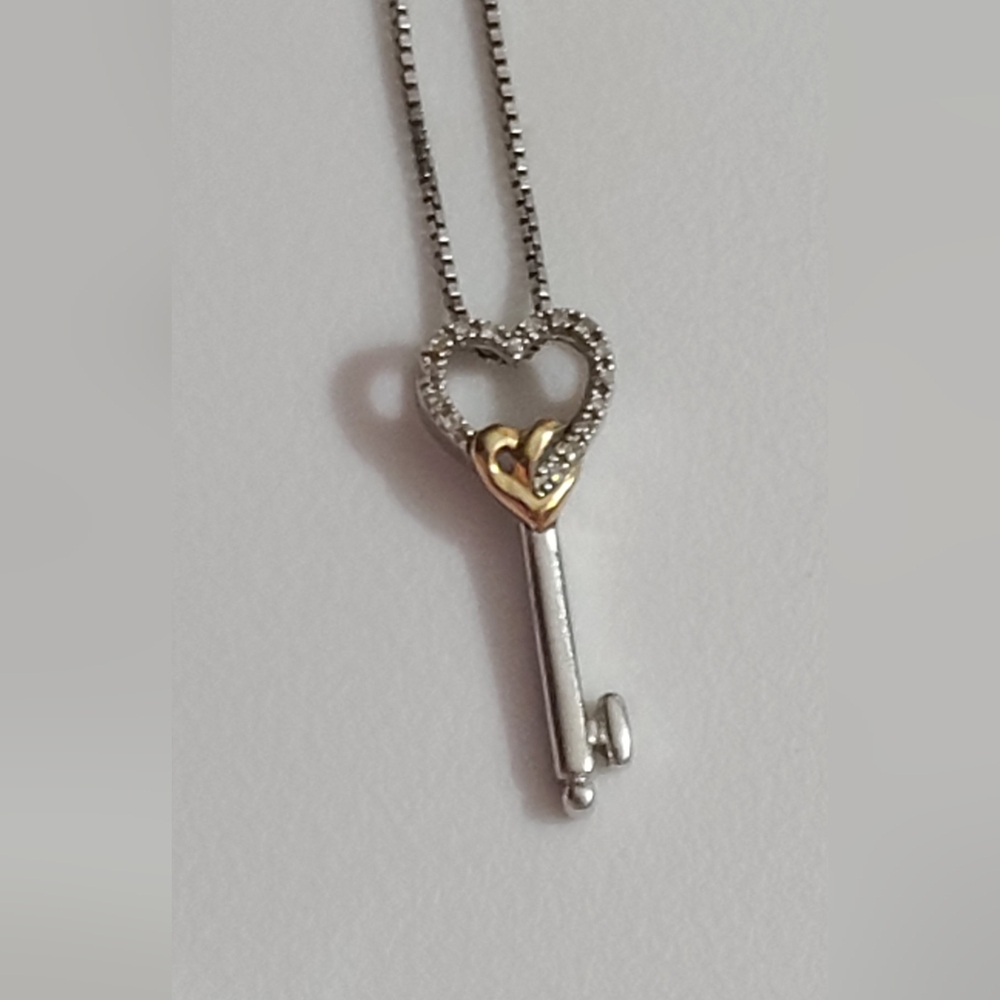14k 925 Real Diamonds Key Heart Necklace Pendant Box Chain 18" Vintage Estate